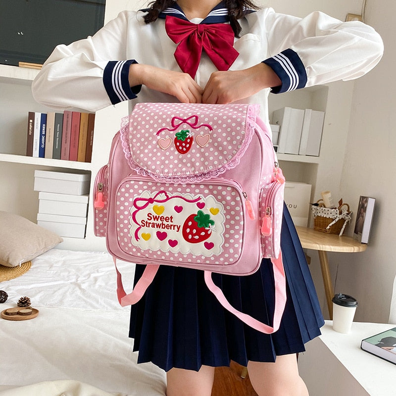 Pink Girl Embroidery Strawberry Schoolbag