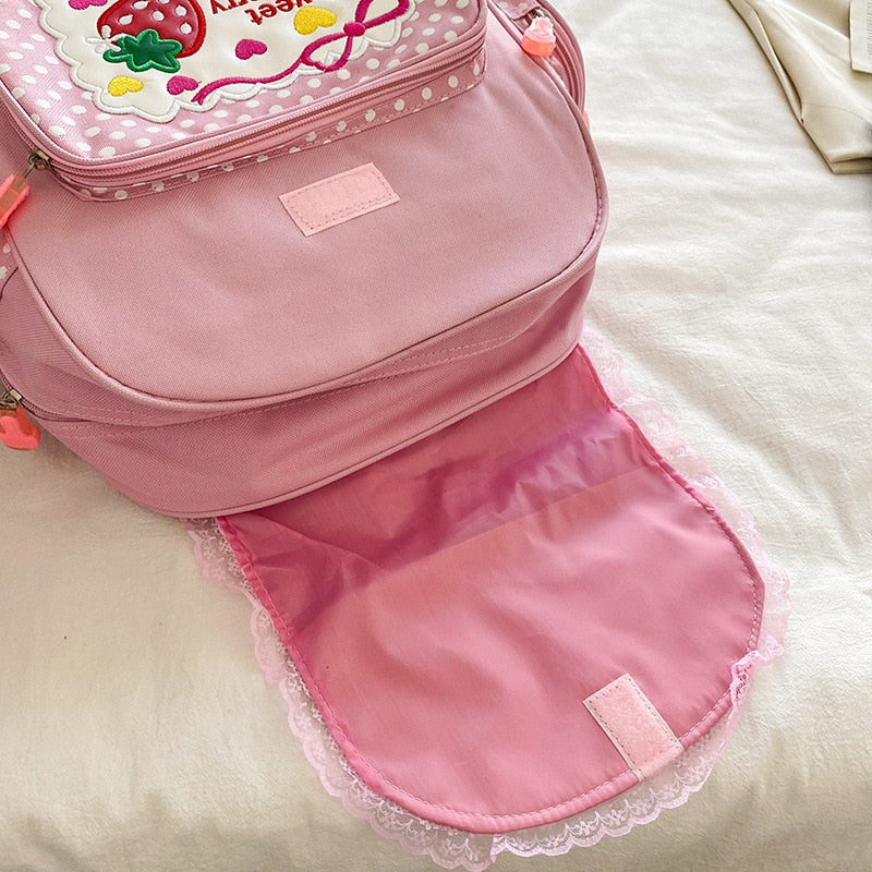 Pink Girl Embroidery Strawberry Schoolbag