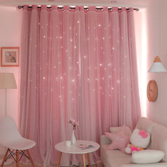 Linda cortina de ventana rosa con estrellas ahuecadas para dormitorio