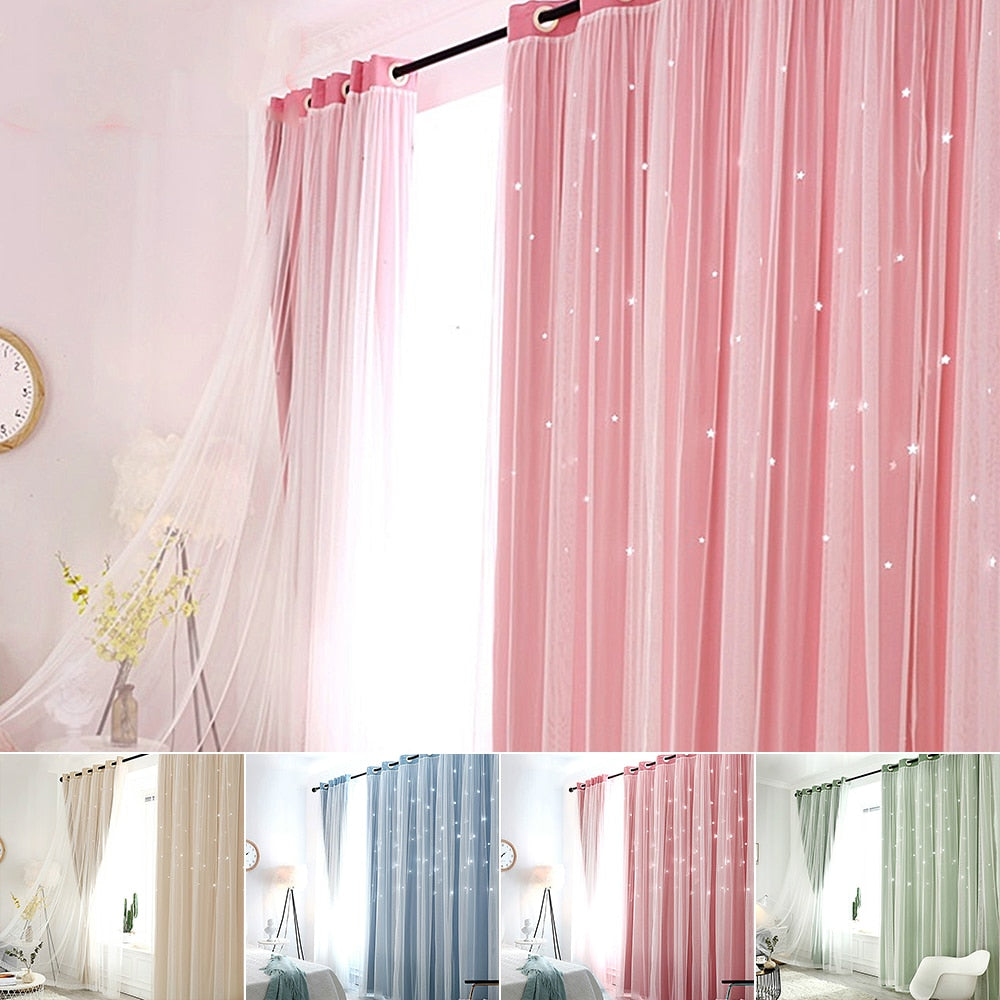 Linda cortina de ventana rosa con estrellas ahuecadas para dormitorio