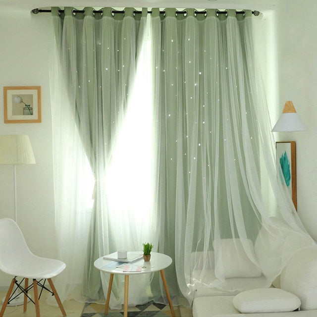 Linda cortina de ventana rosa con estrellas ahuecadas para dormitorio