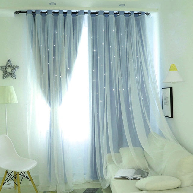 Linda cortina de ventana rosa con estrellas ahuecadas para dormitorio