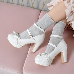 Niedliche Mary-Jane-Lolita-High-Heels aus Spitze mit Schleife