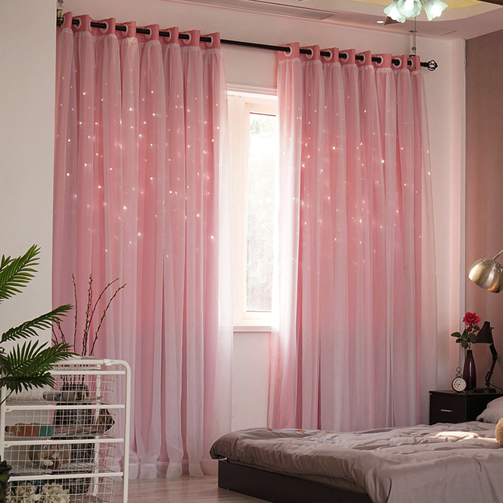 Linda cortina de ventana rosa con estrellas ahuecadas para dormitorio