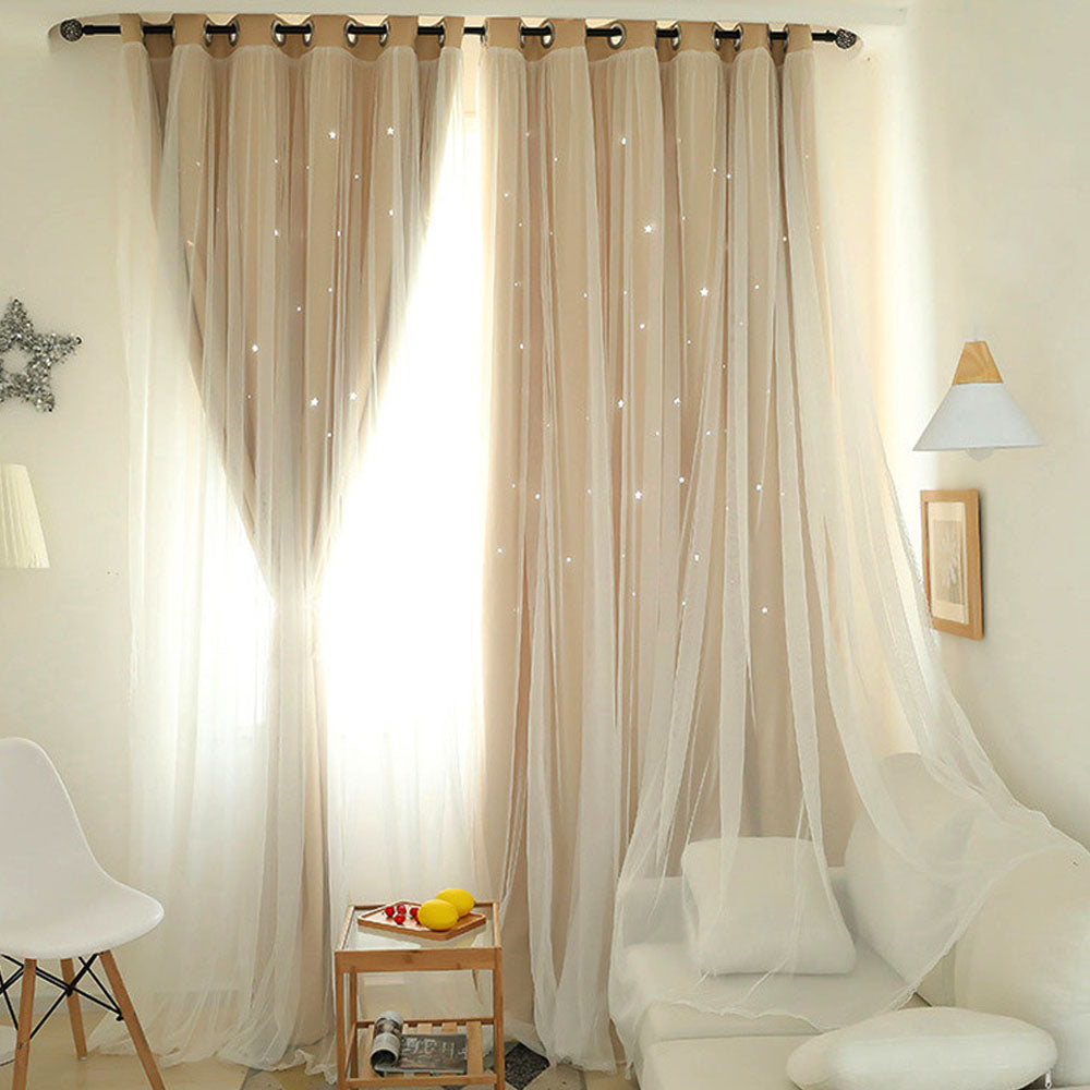 Linda cortina de ventana rosa con estrellas ahuecadas para dormitorio