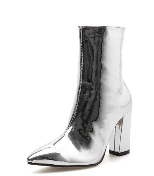 Pointed Thick Heel  Zipper Boots