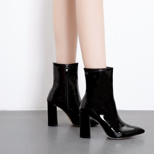 Pointed Thick Heel  Zipper Boots