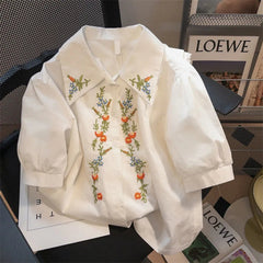 Single Breasted Bear Embroidery Floral Casual Shirts Blouses