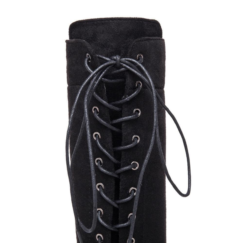 Oberschenkelhohe Stiefel ohne Absatz, Winter-Schnürstiefel mit Reißverschluss für Damen über dem Knie