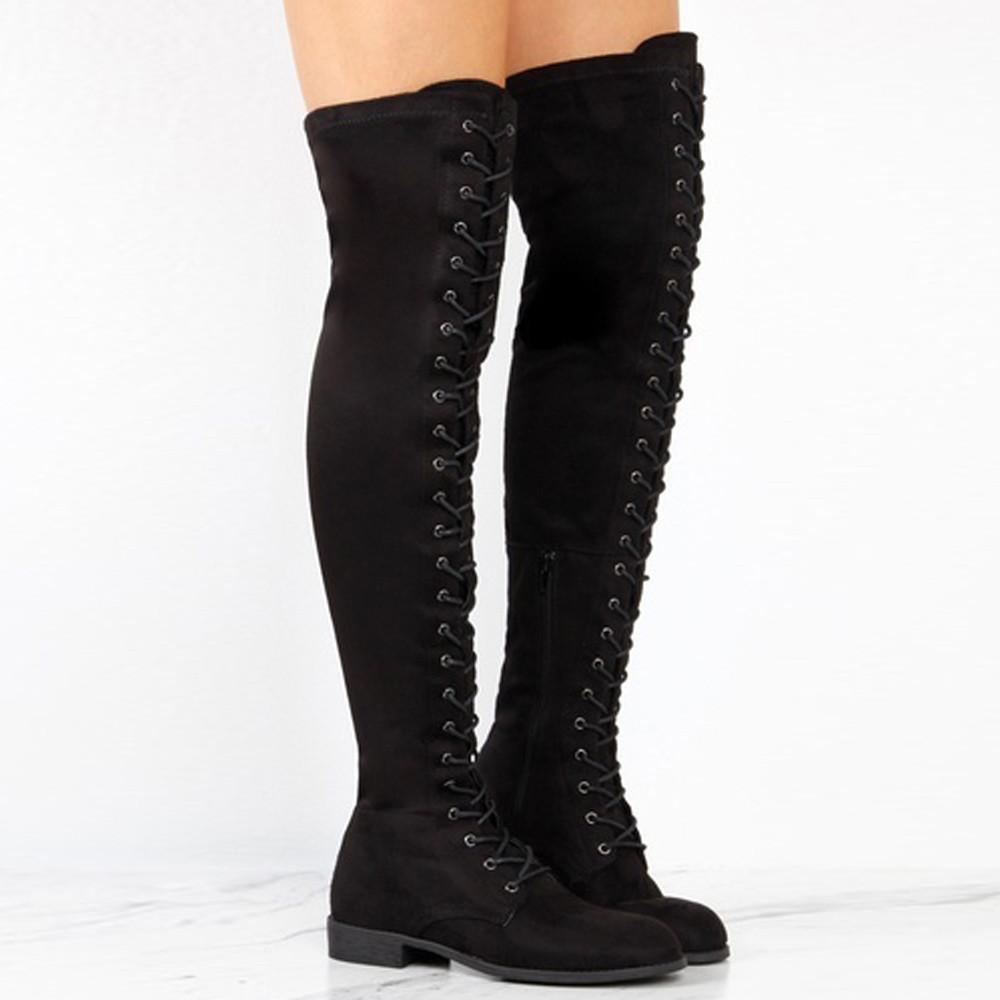 Oberschenkelhohe Stiefel ohne Absatz, Winter-Schnürstiefel mit Reißverschluss für Damen über dem Knie