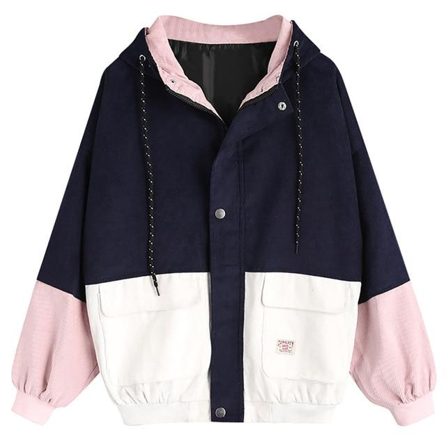 Cute Loose Color-block Corduroy Jacket