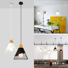 Wooden Base Iron Cage Hanging Nordic Lamp