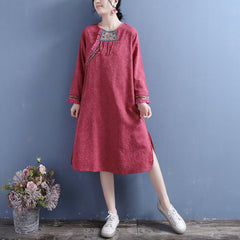 Retro Autumn Cotton Linen Patchwork Mini Dress