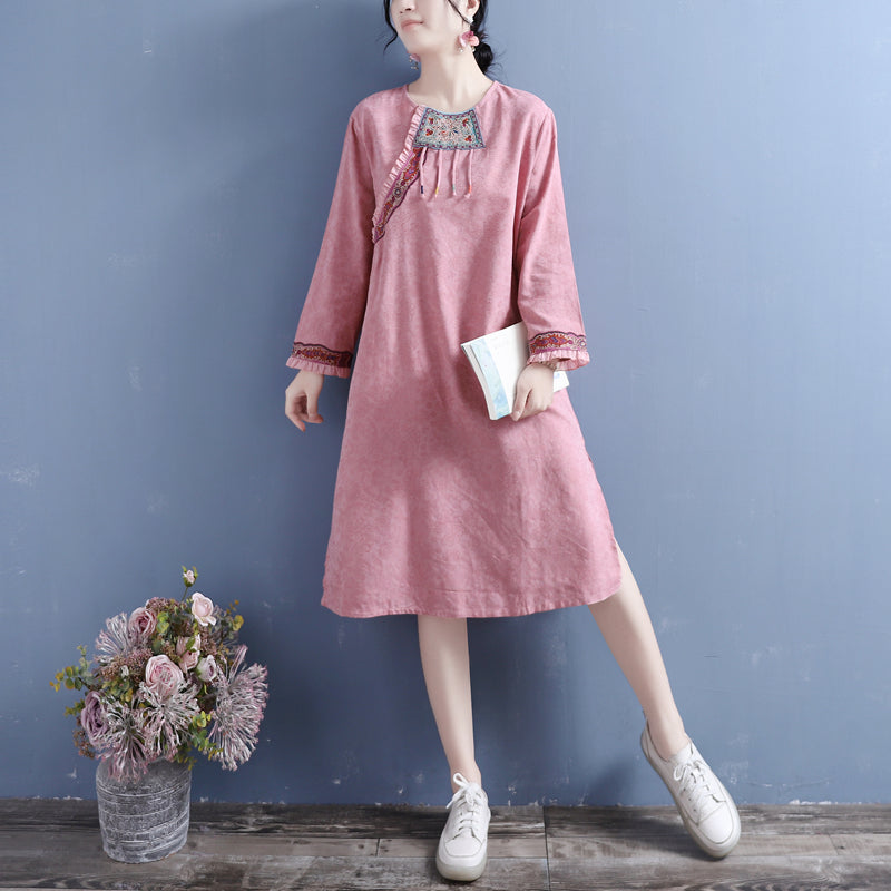 Retro Autumn Cotton Linen Patchwork Mini Dress