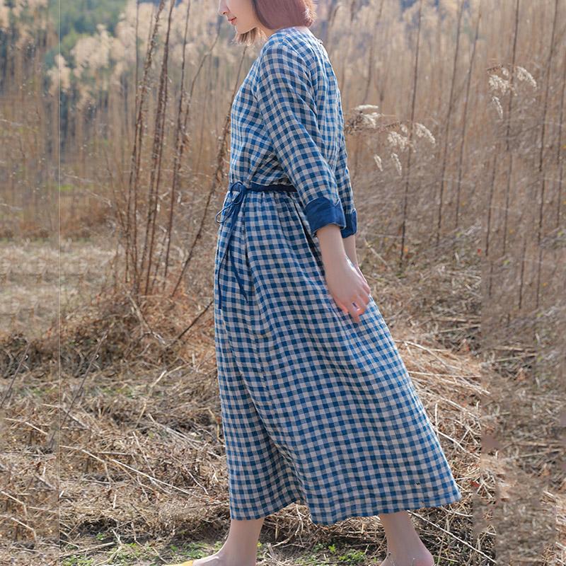 Retro Cotton Linen Blue Plaid Dress