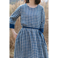 Retro Cotton Linen Blue Plaid Dress