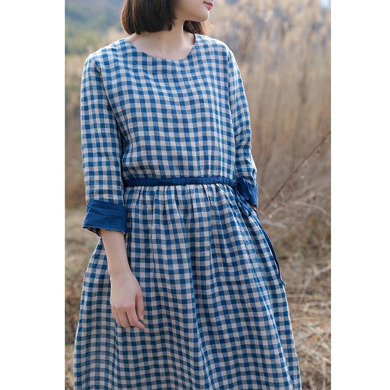 Retro Cotton Linen Blue Plaid Dress