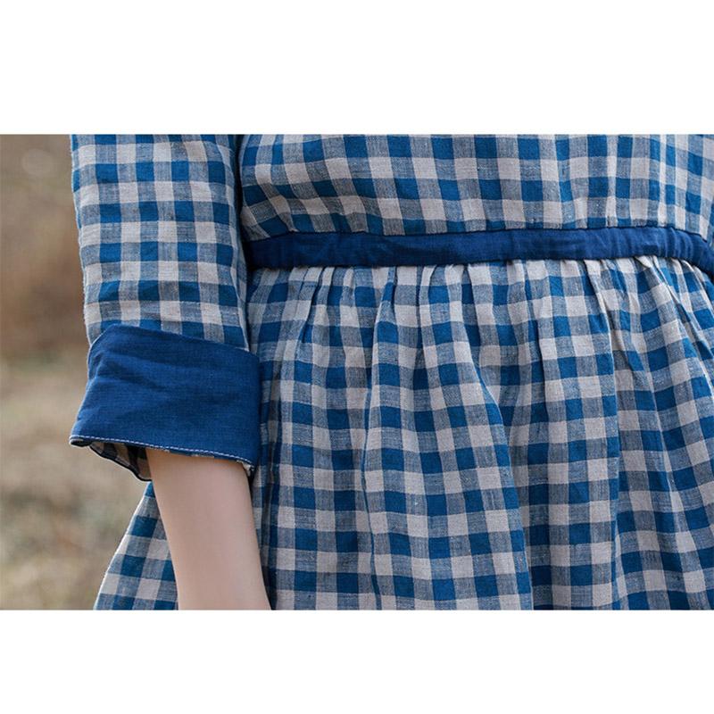 Retro Cotton Linen Blue Plaid Dress