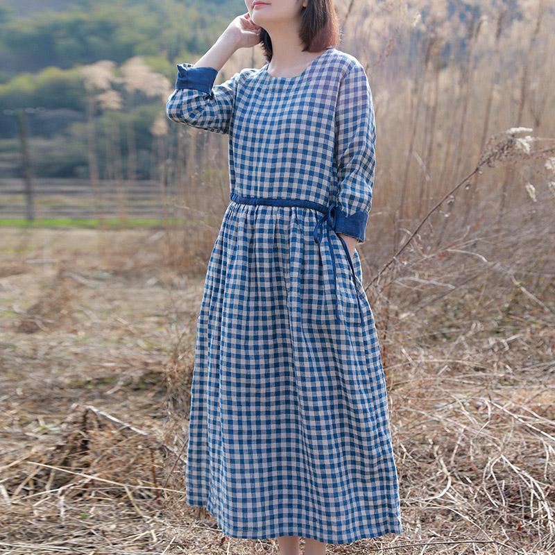 Retro Cotton Linen Blue Plaid Dress