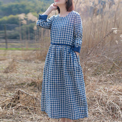 Retro Cotton Linen Blue Plaid Dress