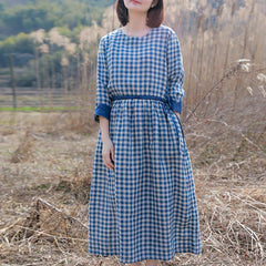 Retro Cotton Linen Blue Plaid Dress