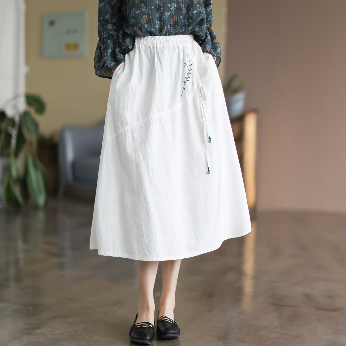 Retro Cotton Linen Embroidery Loose A-Line Skirt