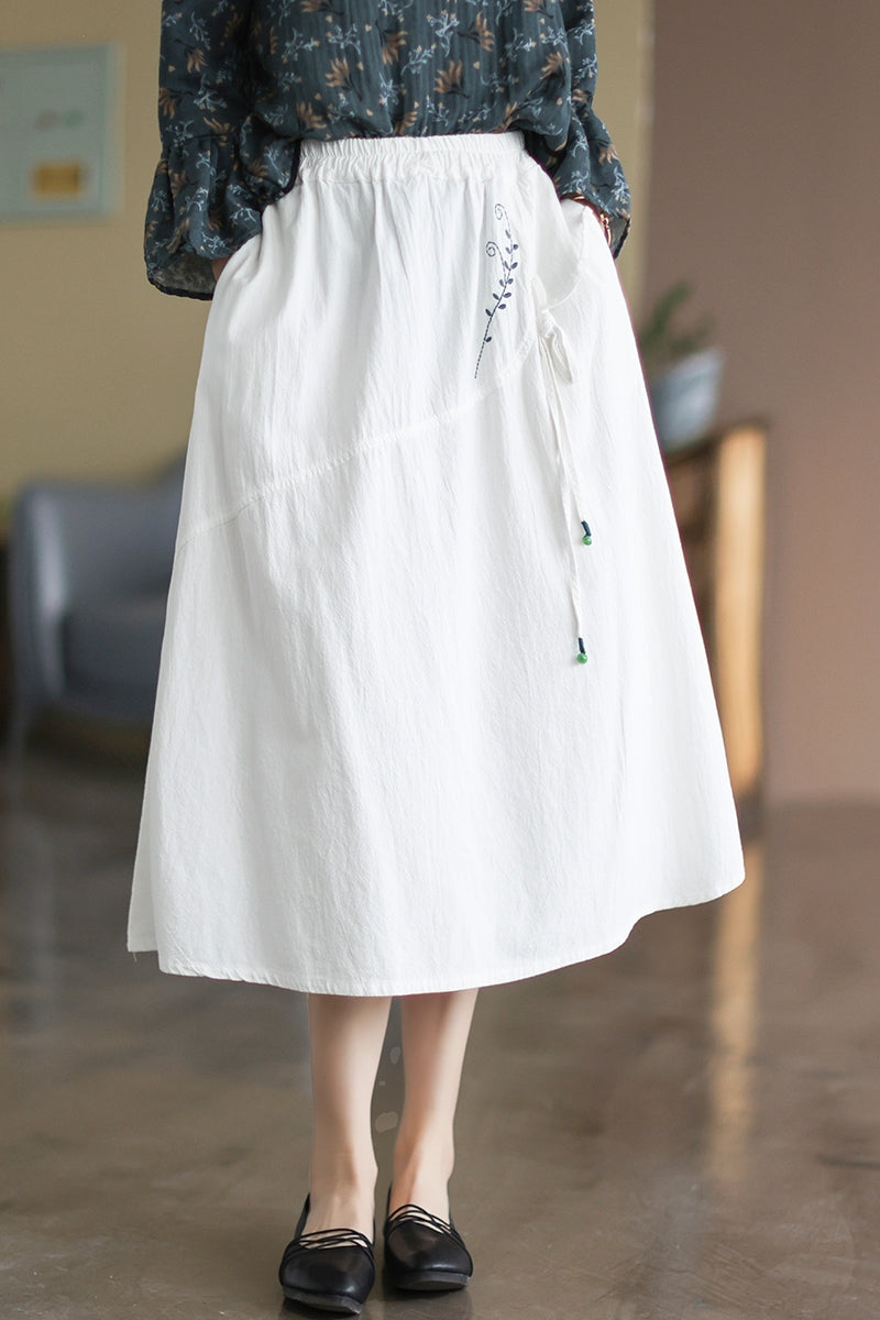 Retro Cotton Linen Embroidery Loose A-Line Skirt