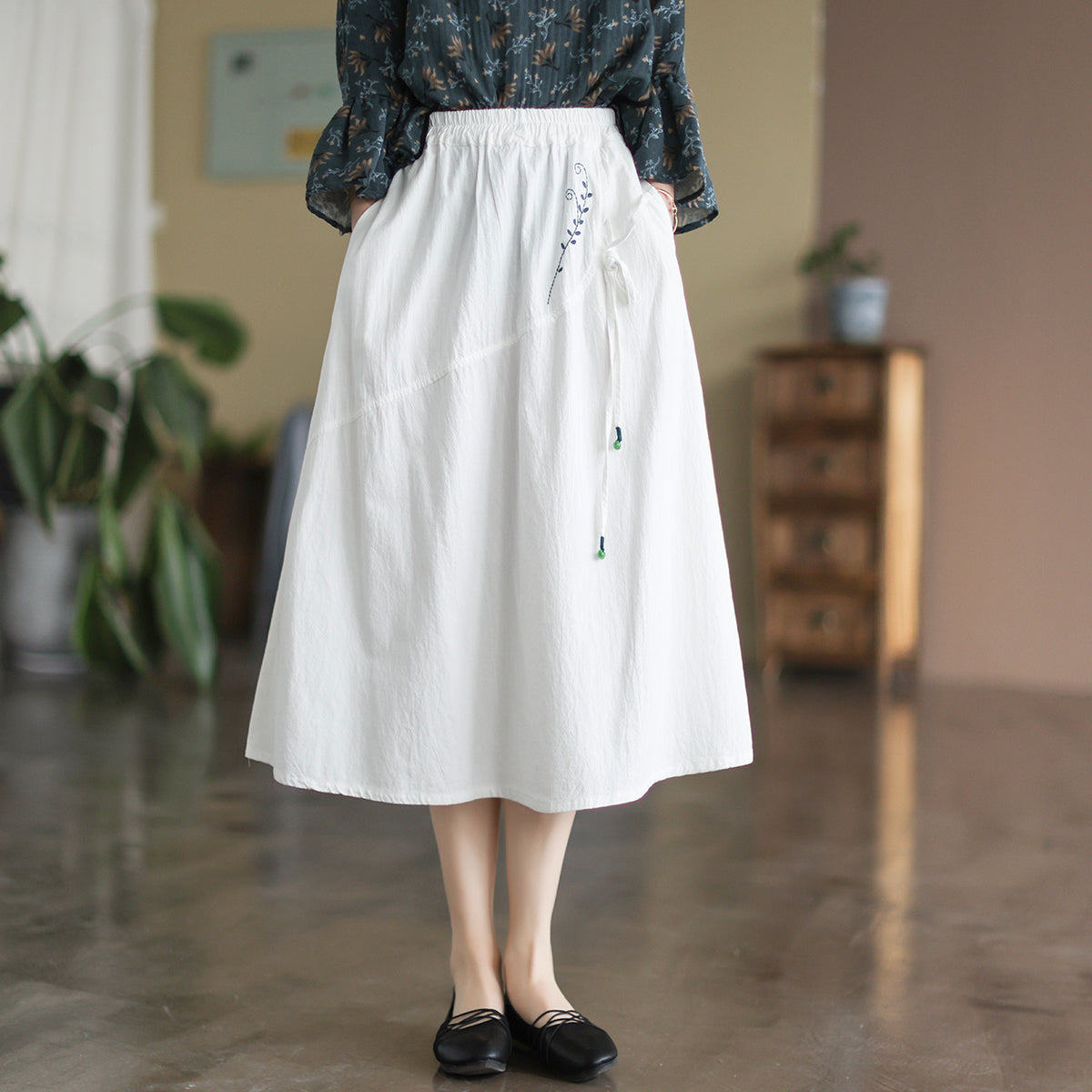 Retro Cotton Linen Embroidery Loose A-Line Skirt