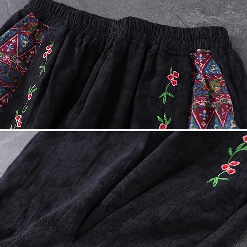 Retro Cotton Linen Floral Embroidery Loose HaremPants