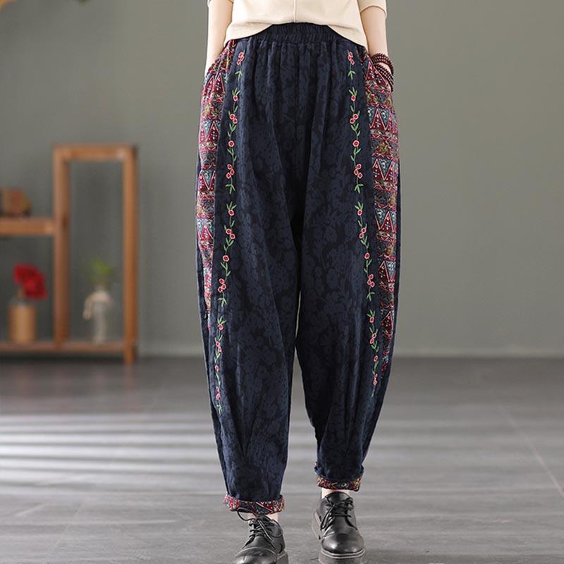 Retro Cotton Linen Floral Embroidery Loose HaremPants