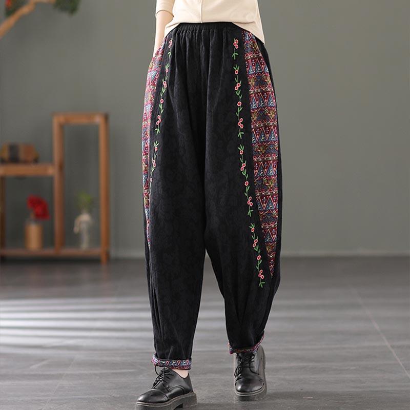 Retro Cotton Linen Floral Embroidery Loose HaremPants