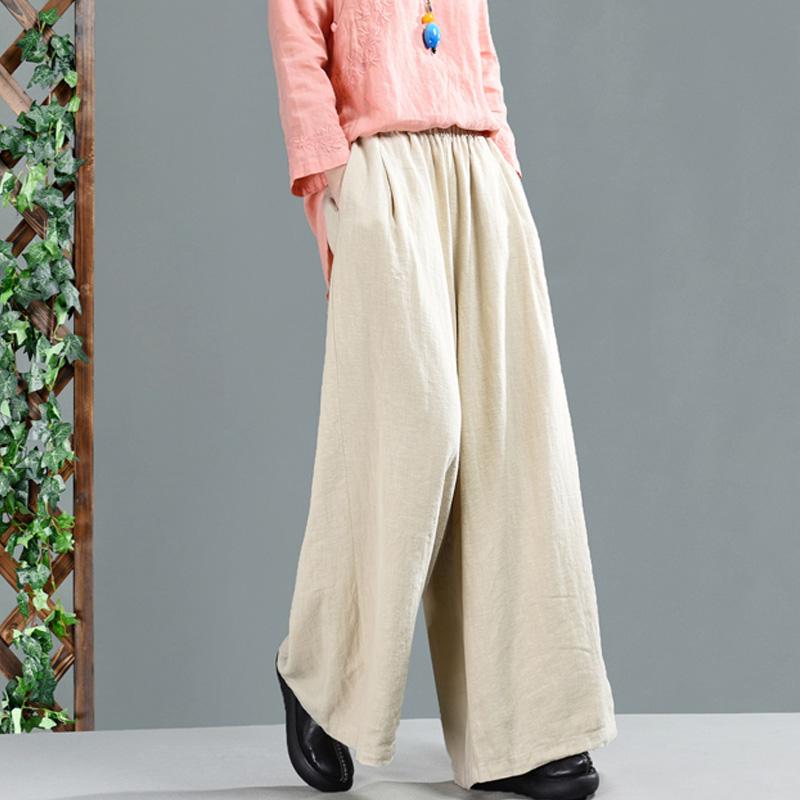 Retro Cotton Linen Women Casual Wide Leg Pants