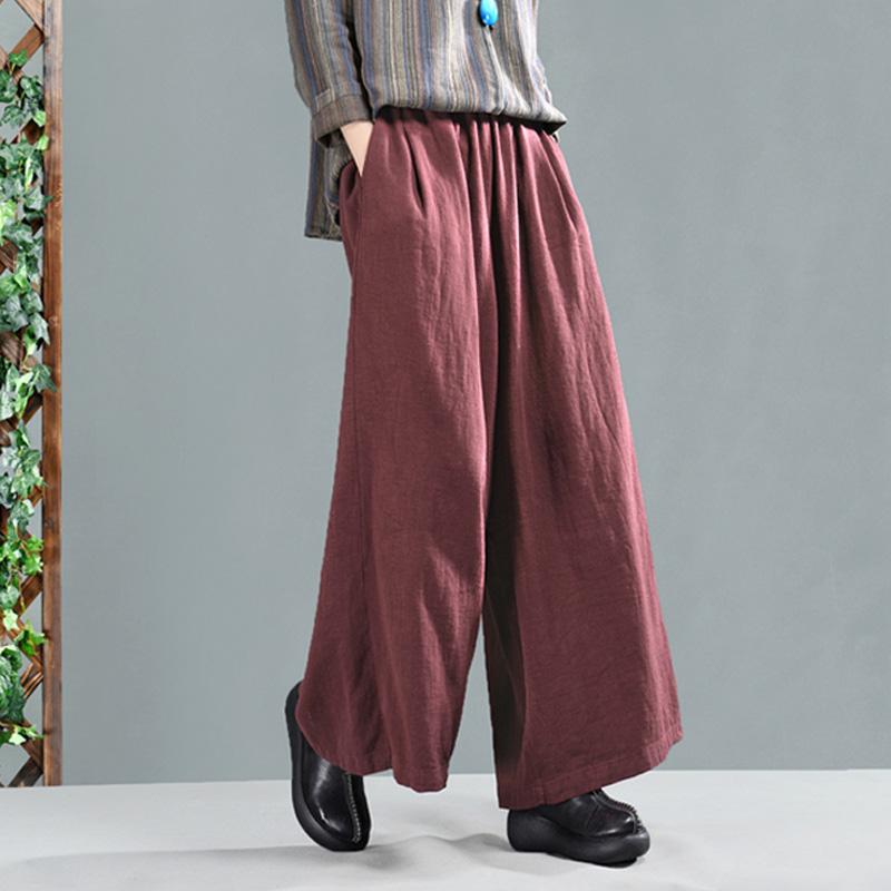 Retro Cotton Linen Women Casual Wide Leg Pants