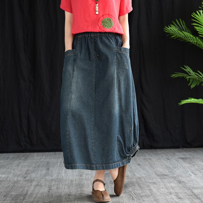 Retro Denim Elastic Waist A-line Skirt