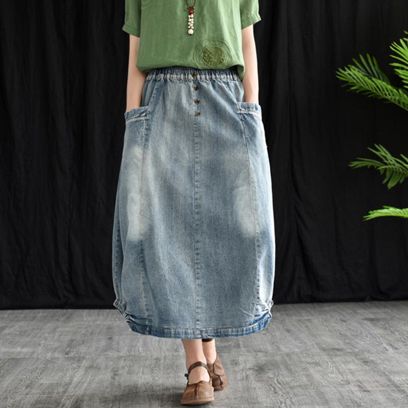 Retro Denim Elastic Waist A-line Skirt