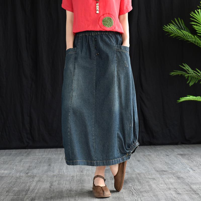 Retro Denim Elastic Waist A-line Skirt