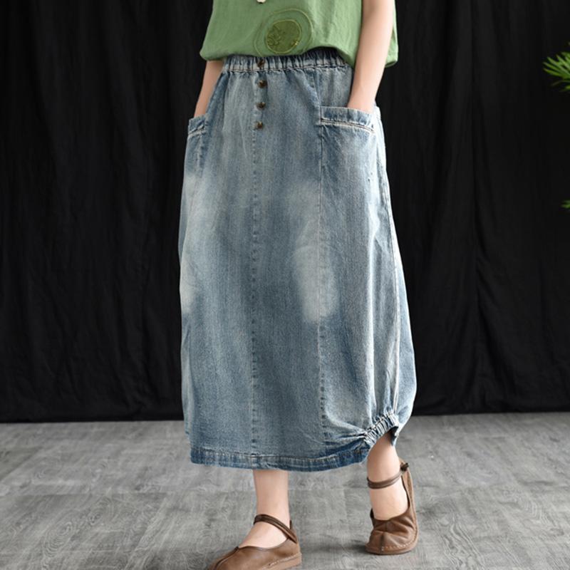 Retro Denim Elastic Waist A-line Skirt