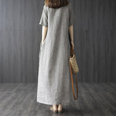 Retro Disc Buckle Long Cotton Linen Plaid Dress