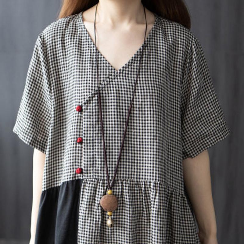 Retro Disc Buckle Long Cotton Linen Plaid Dress