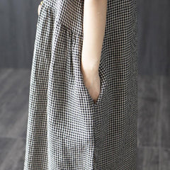 Retro Disc Buckle Long Cotton Linen Plaid Dress