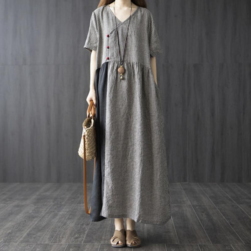 Retro Disc Buckle Long Cotton Linen Plaid Dress