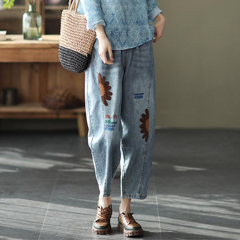 Retro Embroidered Loose Harem Denim Pants