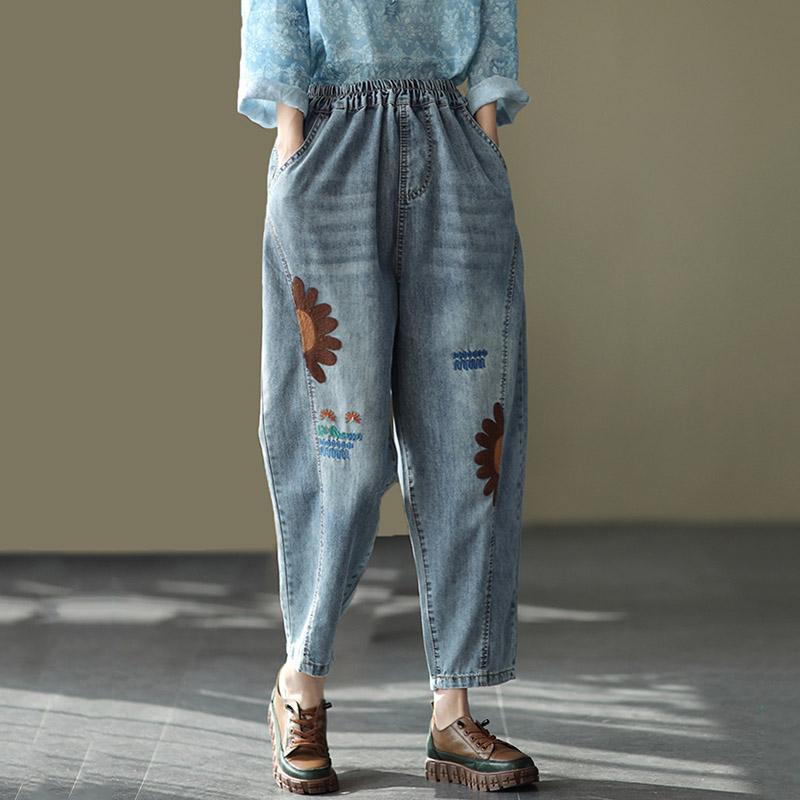 Retro Embroidered Loose Harem Denim Pants