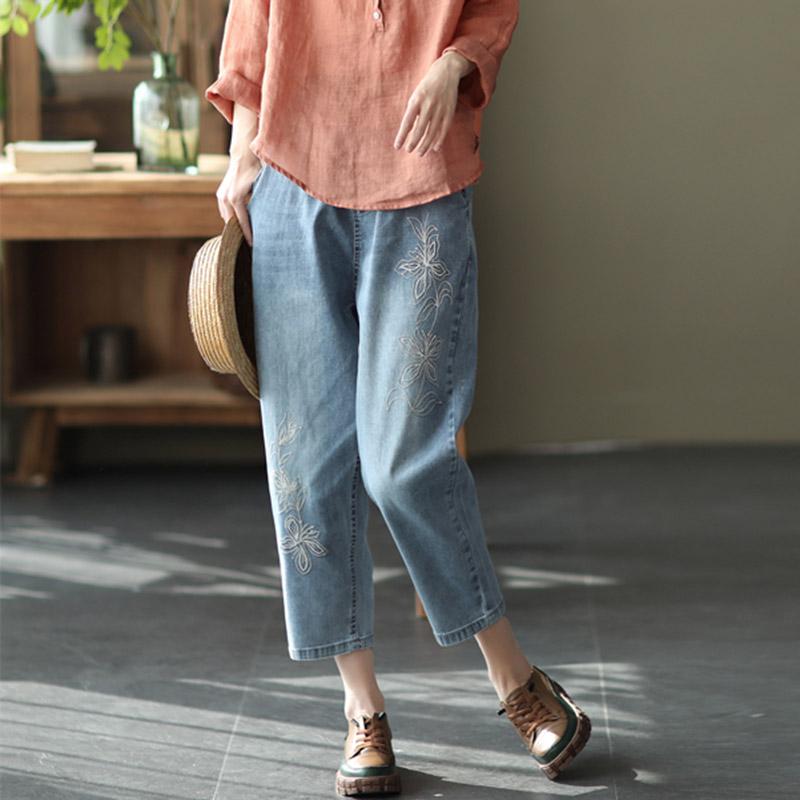 Retro Embroidery Casual Denim Harem Pants