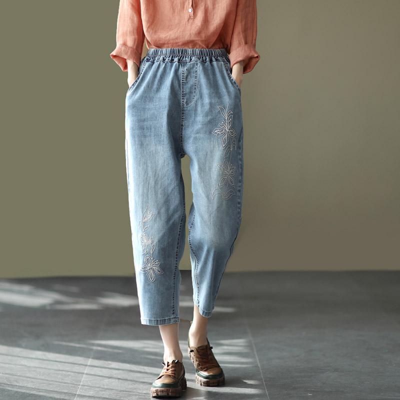 Retro Embroidery Casual Denim Harem Pants