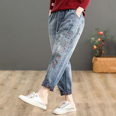 Retro Embroidery High Waist Denim Harem Pants