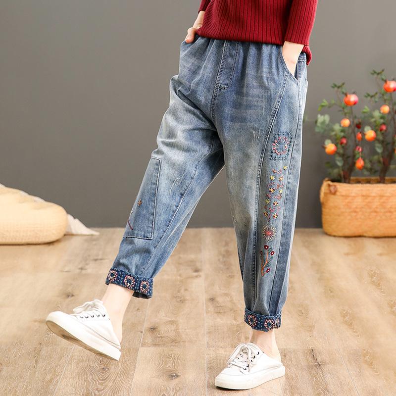 Retro Embroidery High Waist Denim Harem Pants