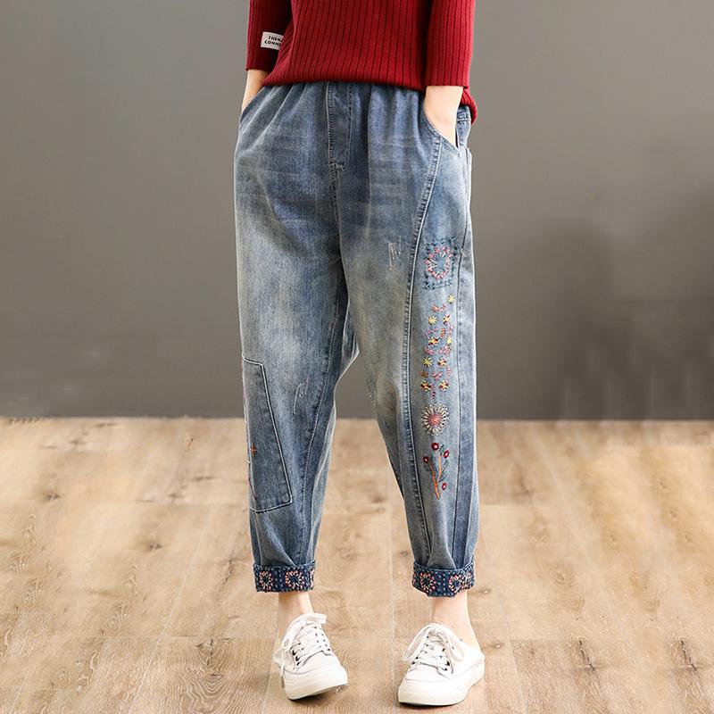 Retro Embroidery High Waist Denim Harem Pants