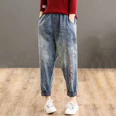 Retro Embroidery High Waist Denim Harem Pants