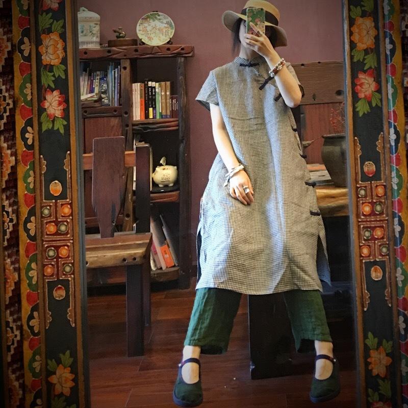 Retro High-End Linen Grid Stand Collar Dress